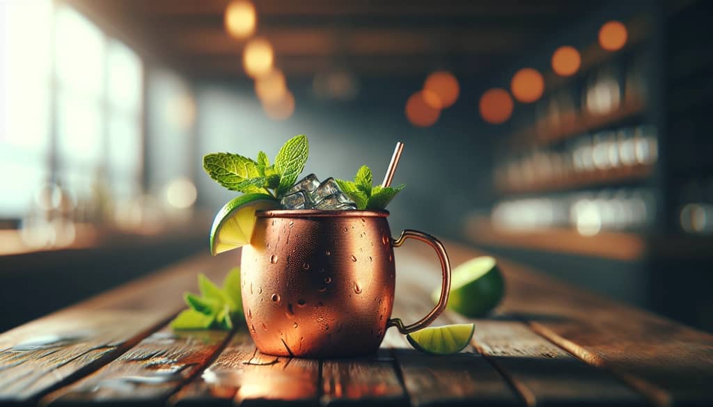 कपड़े के मग में पुदीना के साथ केंटकी मुल ड्रिंक