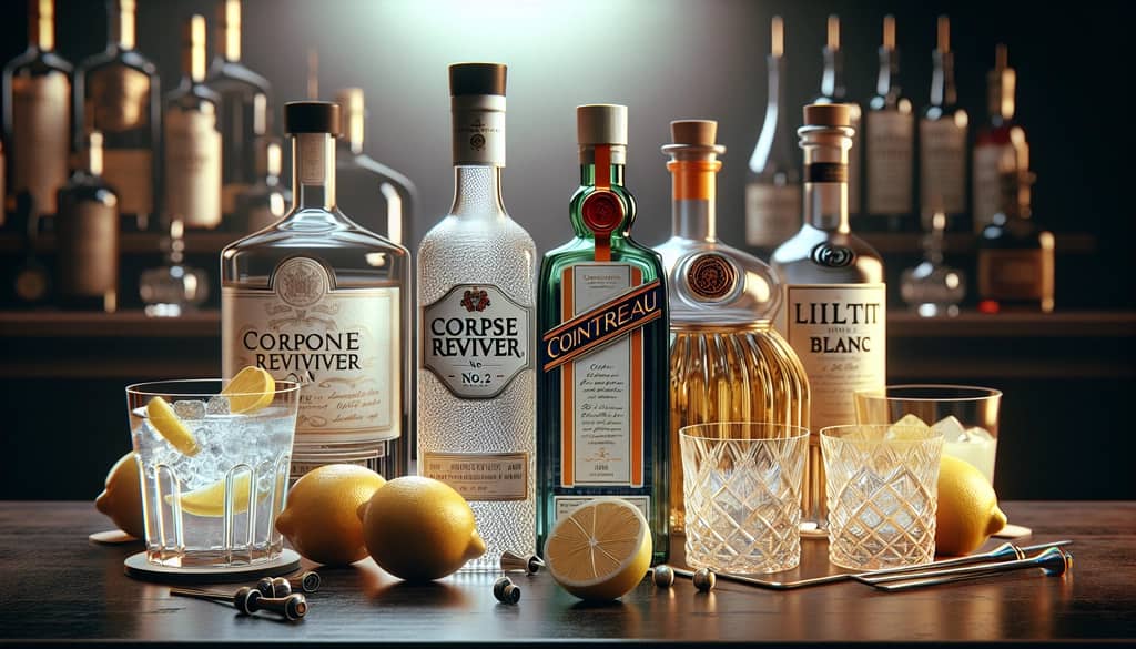 Key ingredients for Corpse Reviver No. 2 including gin, Cointreau, Lillet Blanc, and lemon juice.