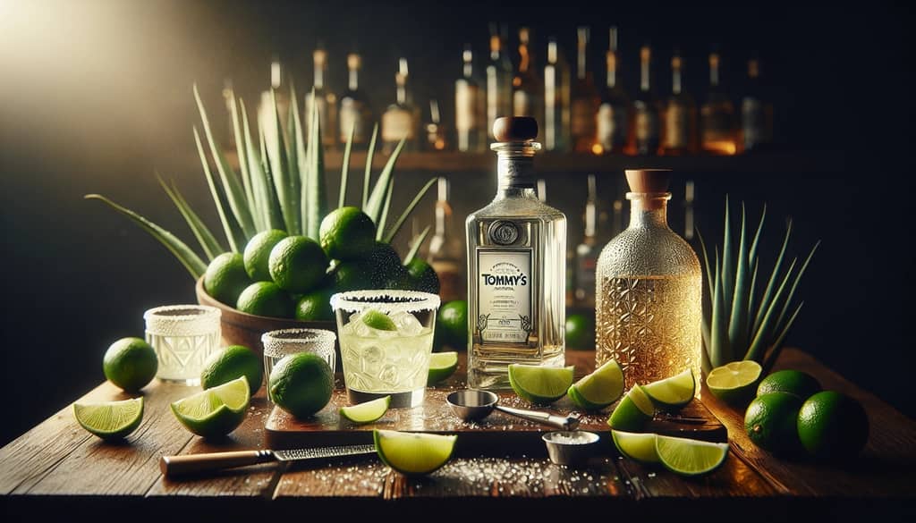 Key ingredients for Tommy's Margarita including a bottle of tequila, fresh limes, and agave nectar arranged on a bar counter.