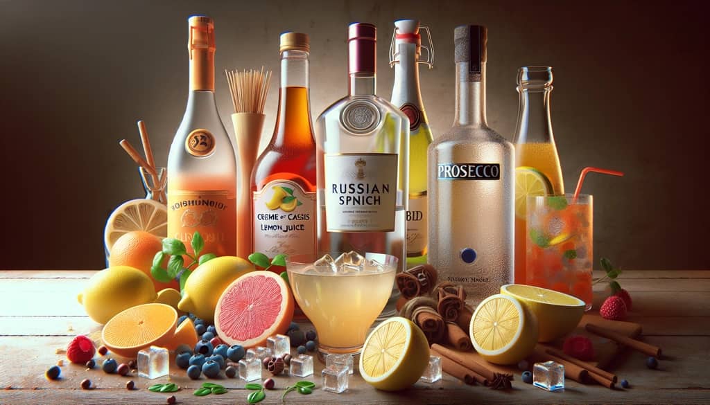Key ingredients including vodka, crème de cassis, lemon juice, and Prosecco, essential for a Russian Spring Punch
