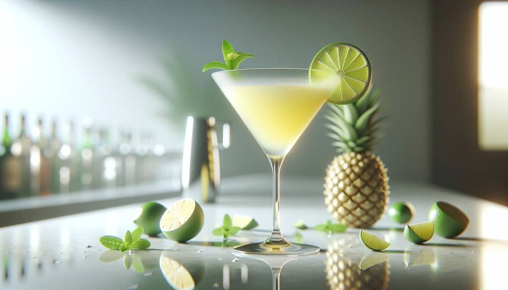 key lime martini with pineapple juice and lime garnish