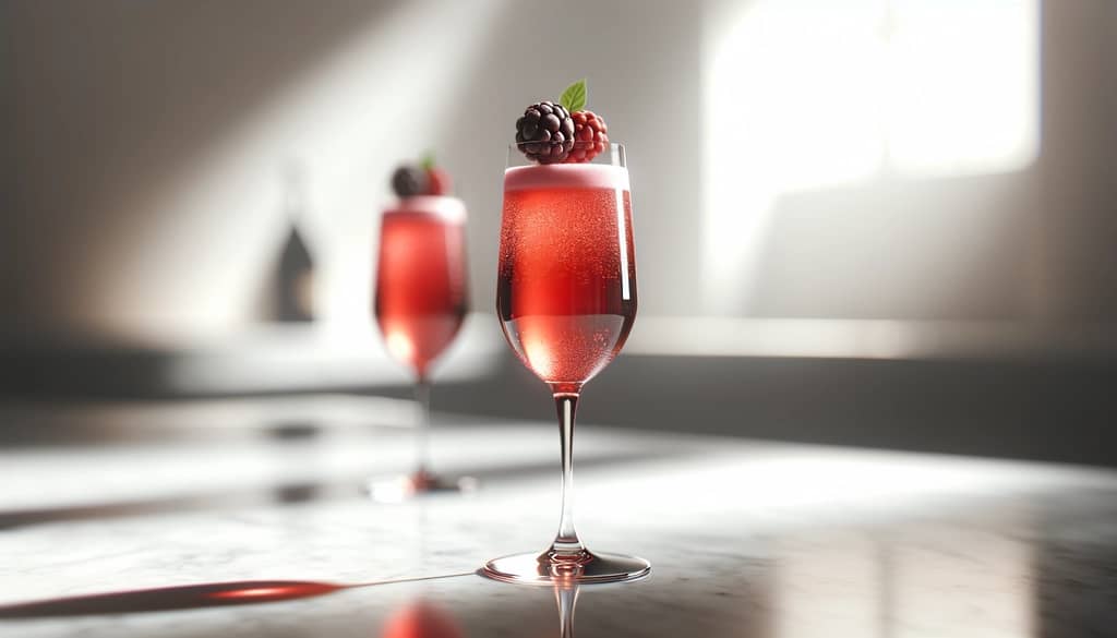 Kir Royale cocktail in a flute with deep pink color