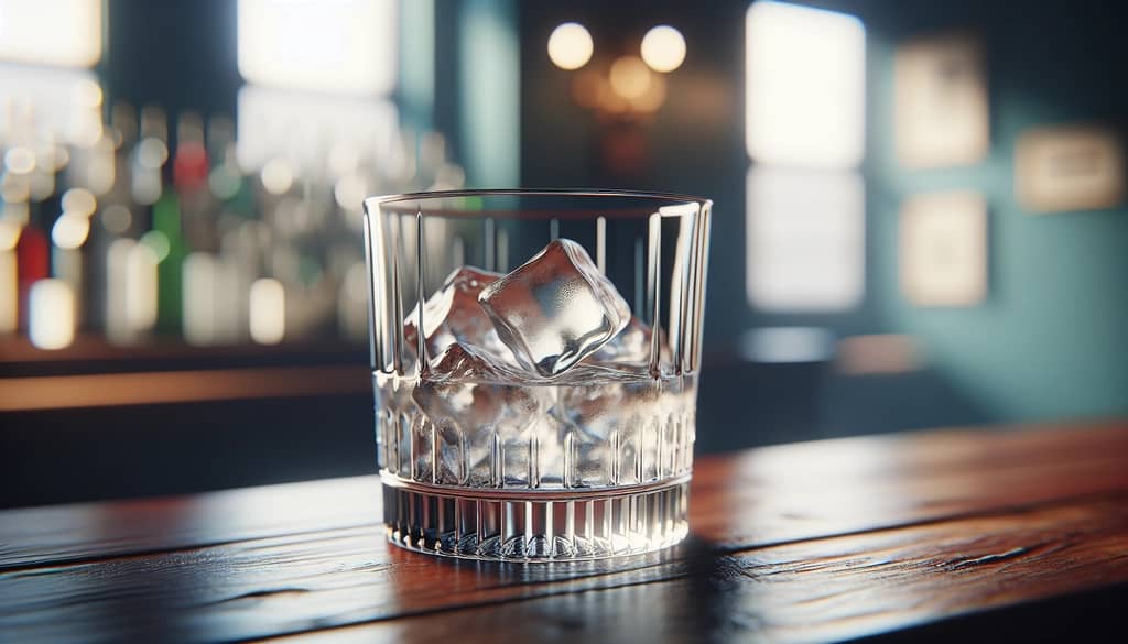 large ice cube in a cocktail glass for summer drinks