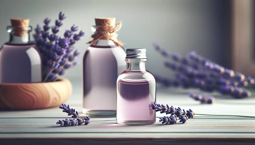 lavender syrup in a glass bottle next to fresh lavender