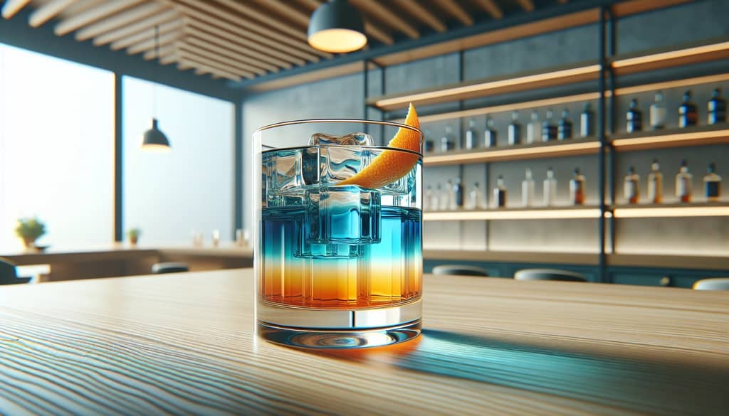 highball glass with layered blue orange mind eraser cocktail and neon garnish