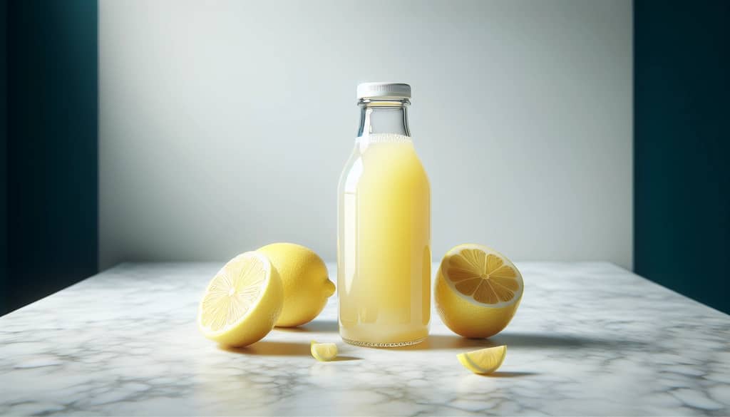 fresh lemon juice in a glass bottle beside cut lemons on a marble countertop