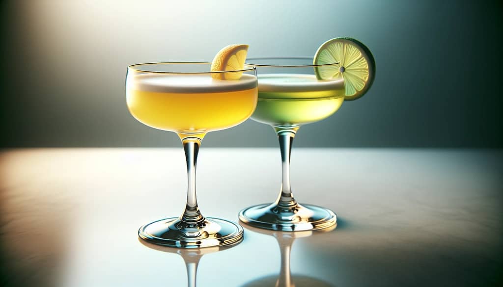 two cocktail glasses, one with yellow drink and one with green drink