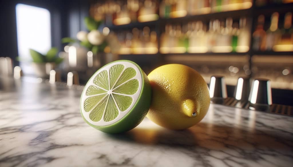 setengah lemon dan jeruk nipis segar di permukaan bar