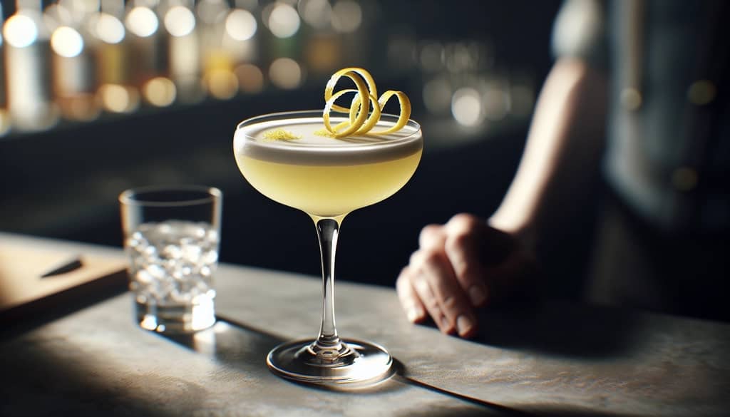 bartender zesting lemon over a tart cocktail in coupe glass