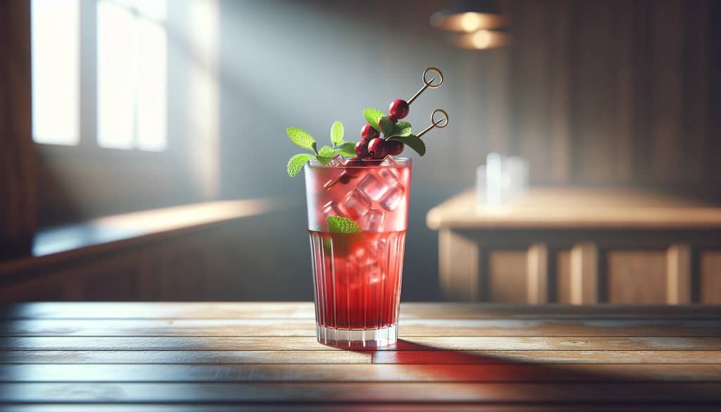 long beach iced tea cocktail with cranberries and mint garnish
