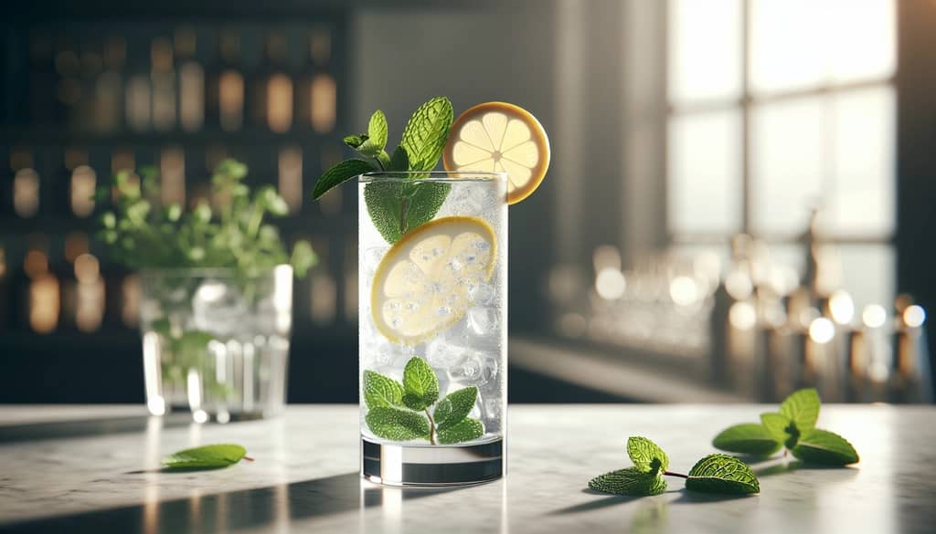 low-calorie cocktail in a tall glass with citrus and fresh mint