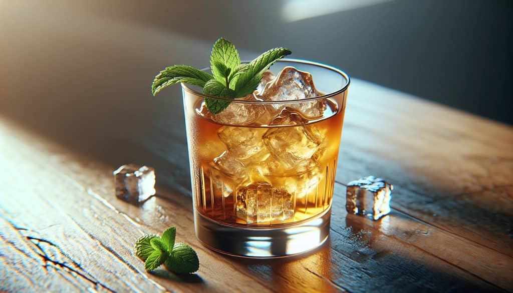 Mai Tai over crushed ice in a rocks glass with mint