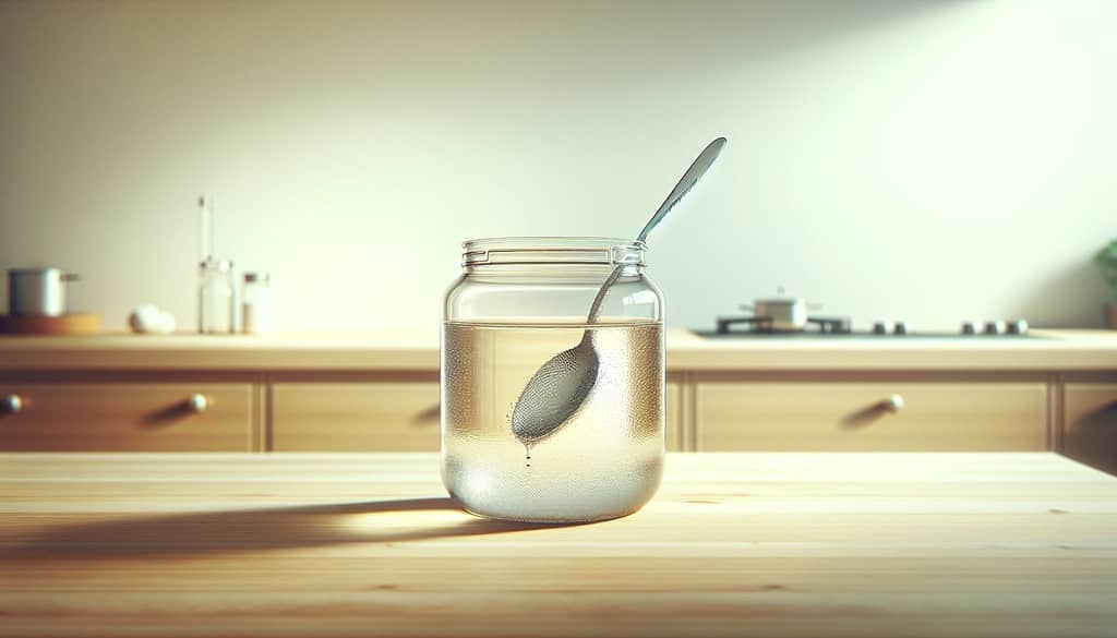 making simple syrup in a glass jar with spoon