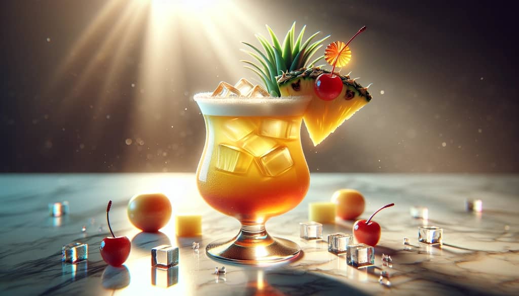 malibu sunset cocktail with aloe, pineapple, and cherry on marble