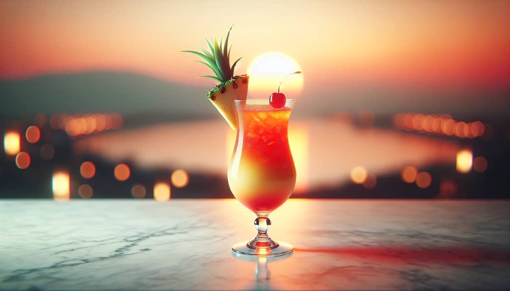 koktail matahari terbenam malibu dengan aloe vera berbuih dalam gelas badai dengan ceri
