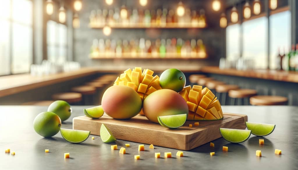 mangoes and sliced lime on a bar cutting board