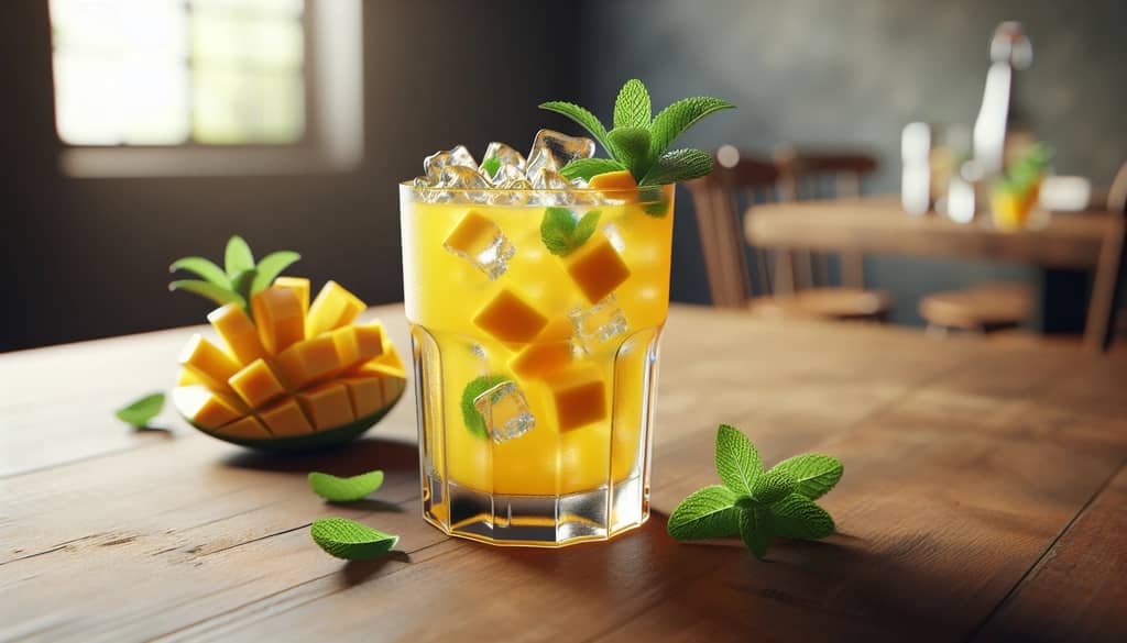 tall glass of mango mint mocktail with ice