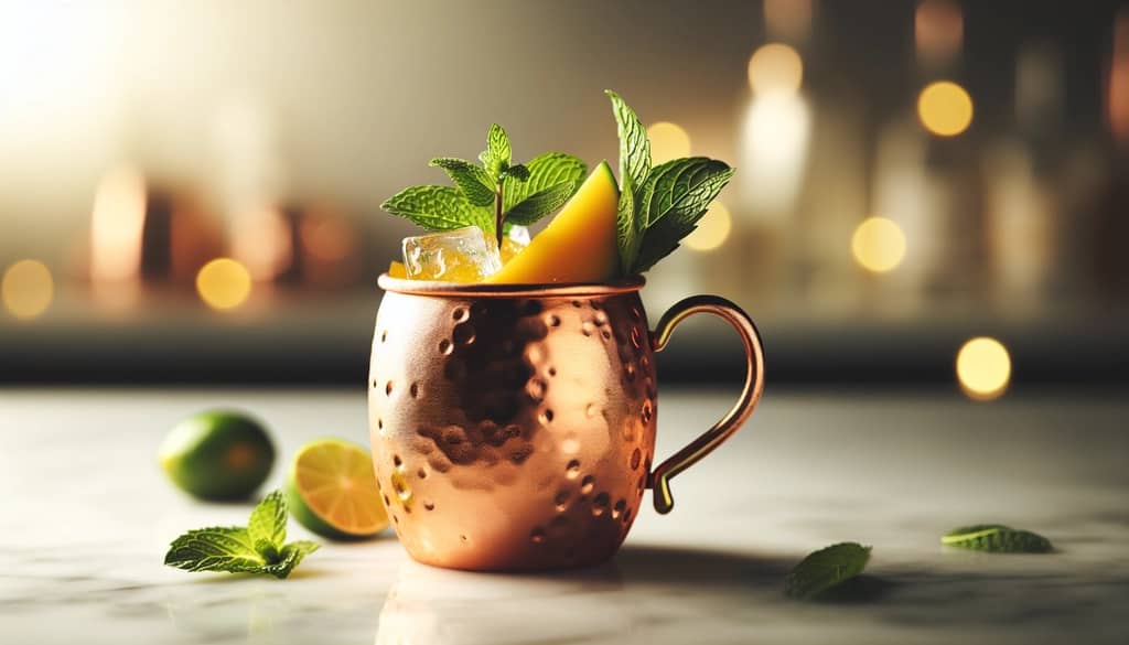 mango mule in copper mug with mint and lime