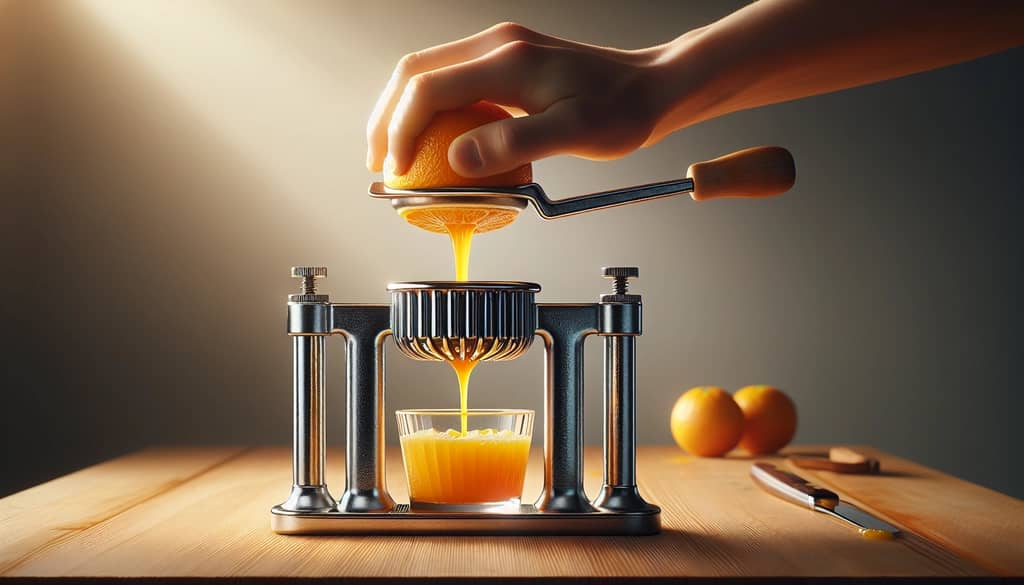 Manual citrus press squeezing fresh oranges