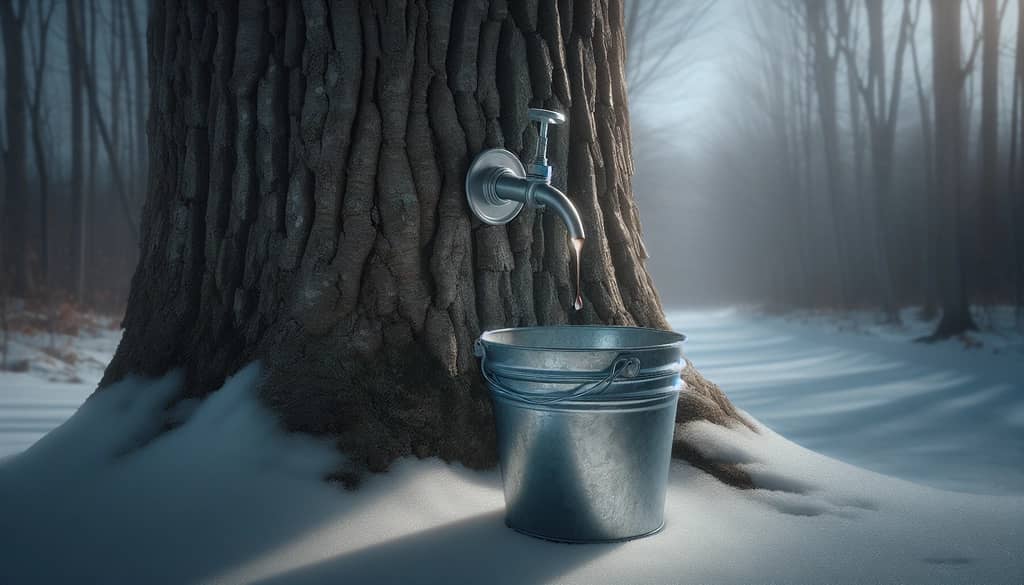 sap dripping from sugar maple spile into bucket