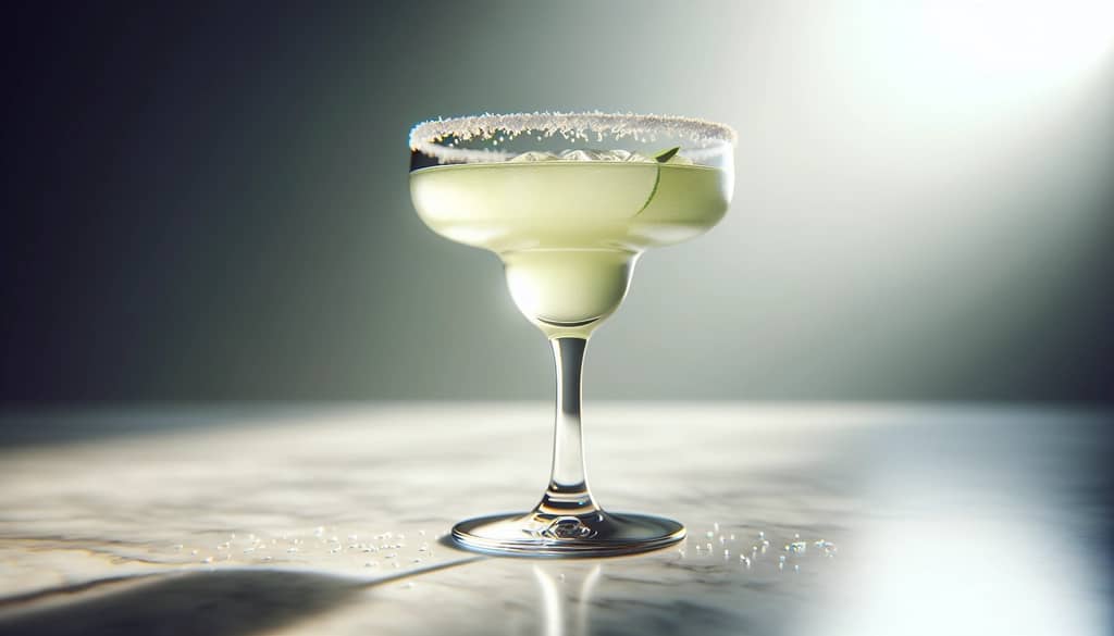 margarita glass with salted rim on bar