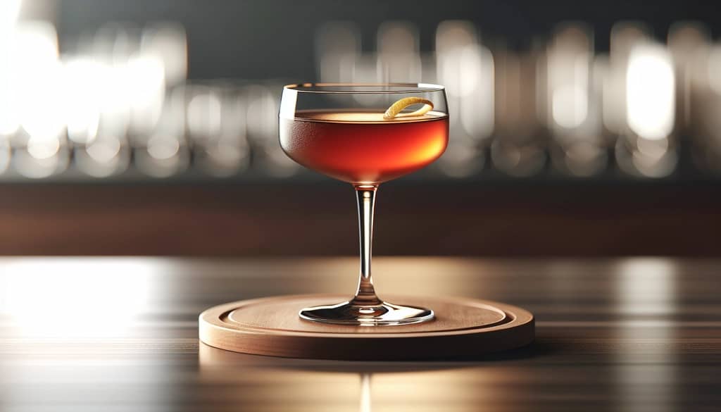 Martinez cocktail in coupe with lemon twist