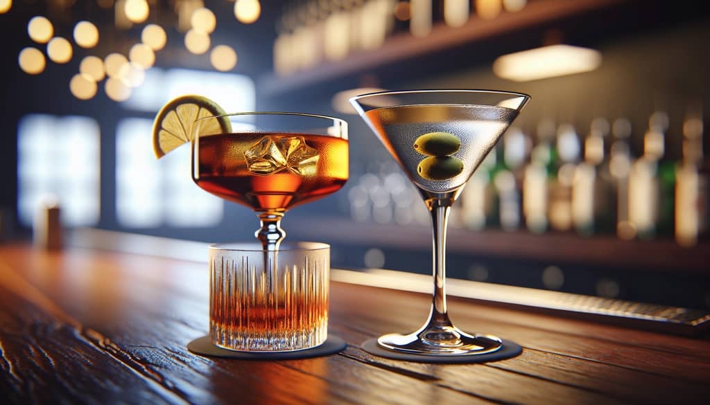 Martinez and Martini cocktails side by side in their signature glasses