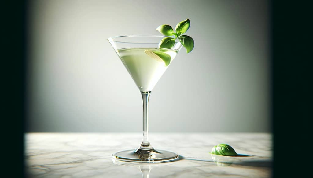martini glass with basil and ginger garnish on marble