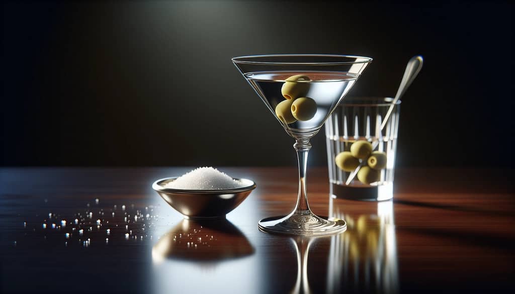 martini glass with green olives and a salt dish