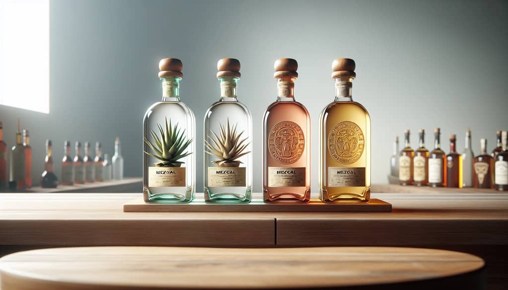 색상 차이를 보여주는 일렬로 놓인 메스칼 병들