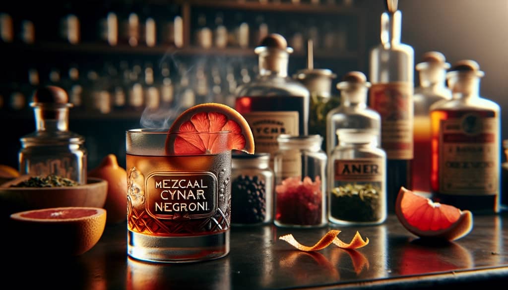 Mezcal Cynar Negroni adorned with a grapefruit twist, highlighting its smoky and herbal character