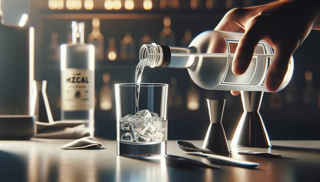 mezcal being poured into a jigger for a cocktail