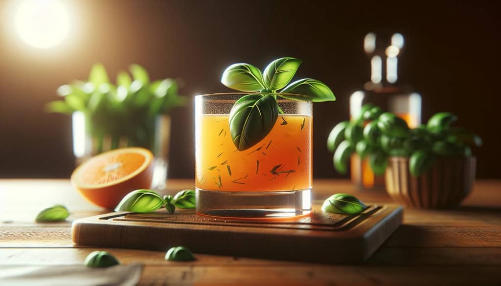 mezcal orange basil smash in a rocks glass with basil garnish