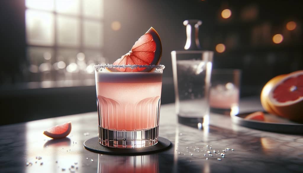 mezcal paloma cocktail in a tall glass with grapefruit garnish