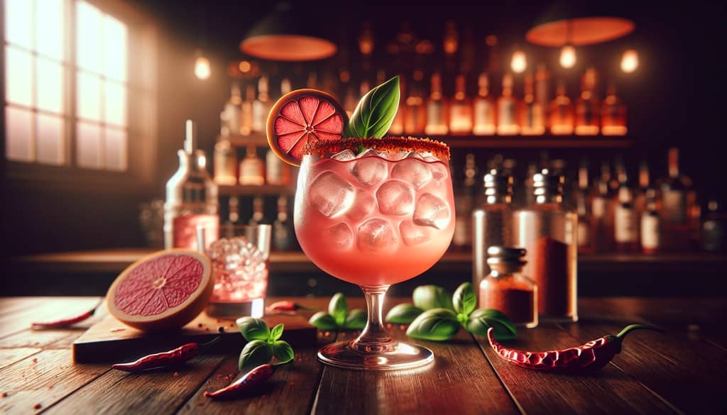 mezcal paloma with tajin rim and basil garnish on bar