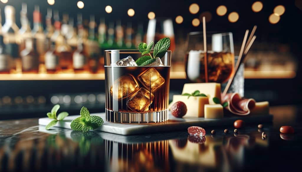 Midnight Stinger cocktail with a charcuterie platter