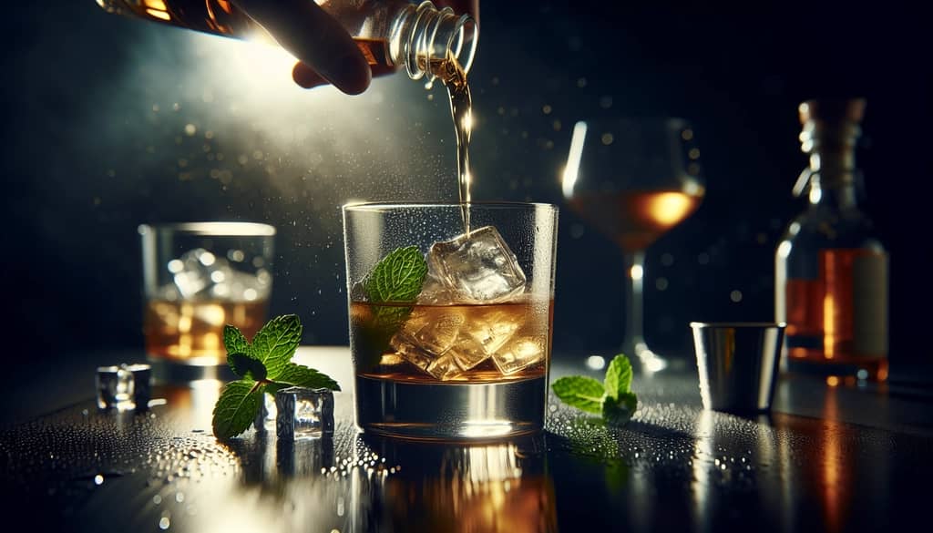 Pouring Midnight Stinger cocktail over ice in rocks glass