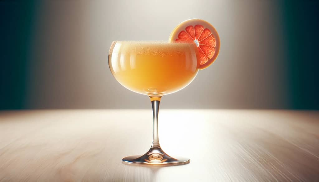 Champagne mimosa in a coupe glass with grapefruit twist