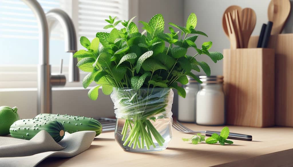 mint and cilantro upright in water