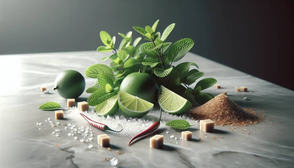 Cocktail garnishes of mint, lime, and chili