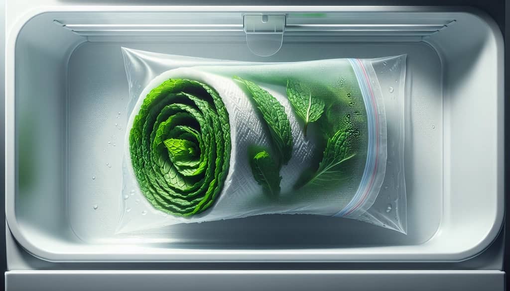 mint leaves wrapped in damp paper towel in fridge