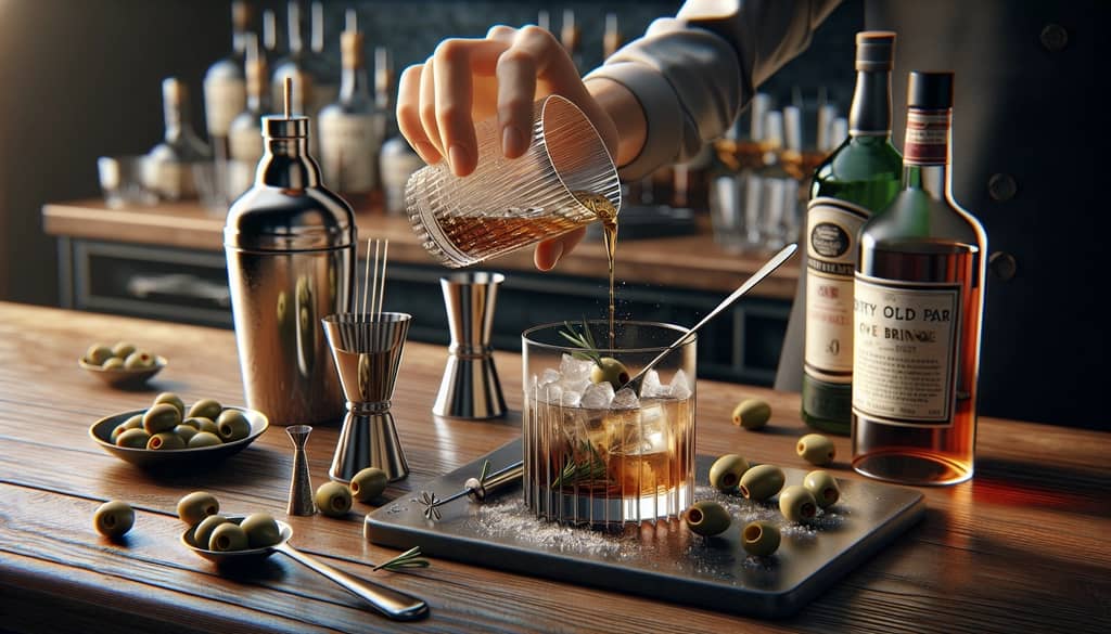 Mixing ingredients for a Dirty Old Pal cocktail, emphasizing the addition of olive brine.