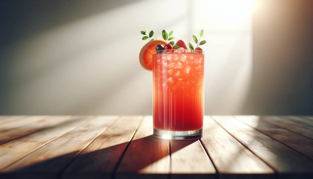 cóctel sin alcohol en un vaso alto con guarnición de frutas