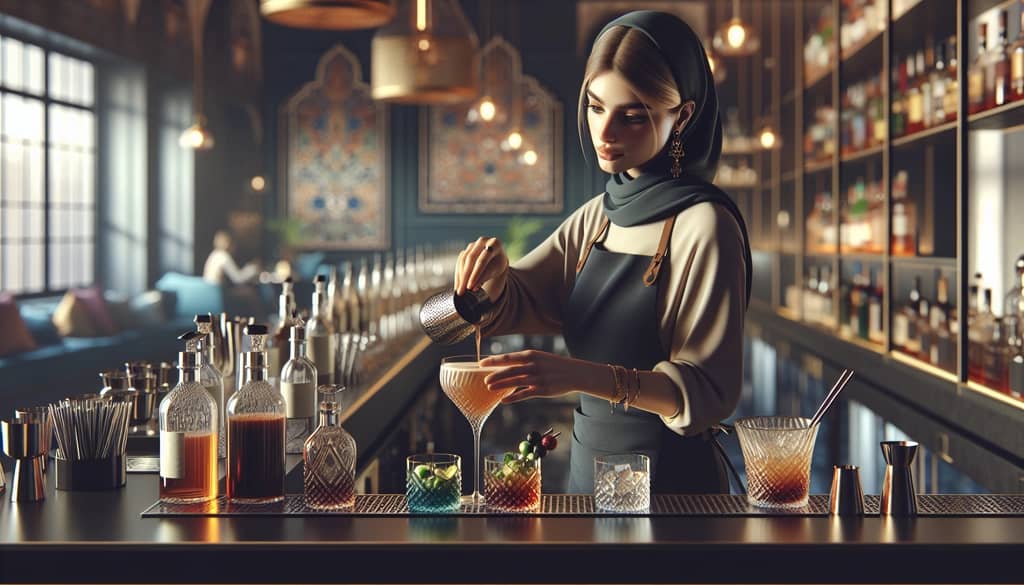 Modern bartender crafting a Vieux Carré with a contemporary twist at a chic cocktail bar