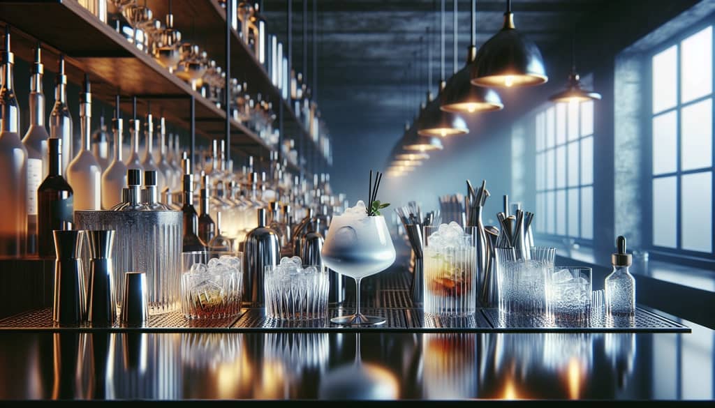 Modern mixology bar with a variety of White Negroni versions being crafted, showcasing the drink's versatility and innovation.