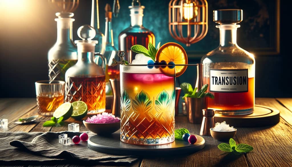 Modern twist on the Transfusion cocktail with vibrant ingredients and creative presentation.