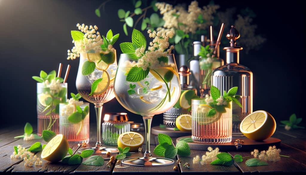 Modern variations of the Finnish gin long drink with elderflower and mint garnishes in elegant glassware