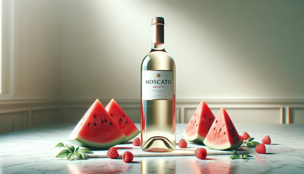 moscato wine bottle beside watermelon wedges
