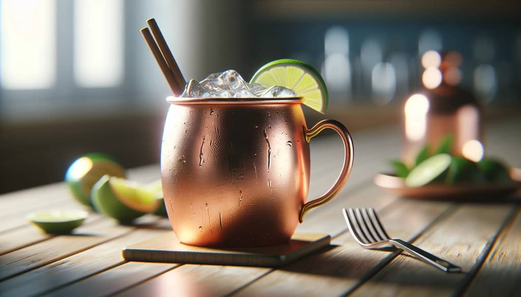 moscow mule in copper mug with lime garnish