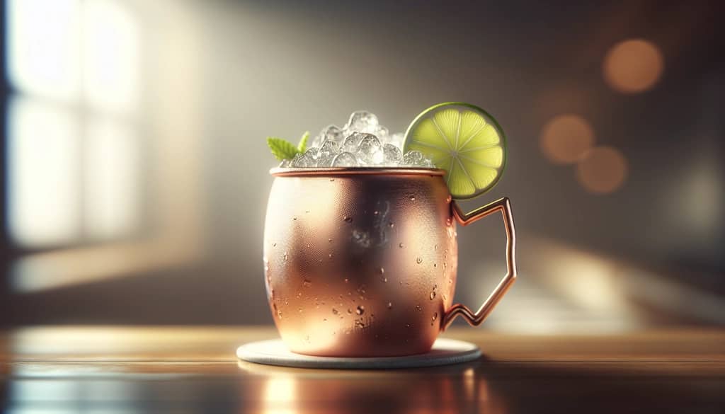 ताम्र मग में लाइम के साथ मॉस्को म्यूल